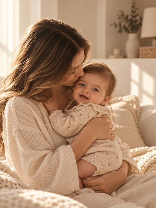 Una mamá abraza y besa a su bebé sonriente sobre una cama de tonos crema