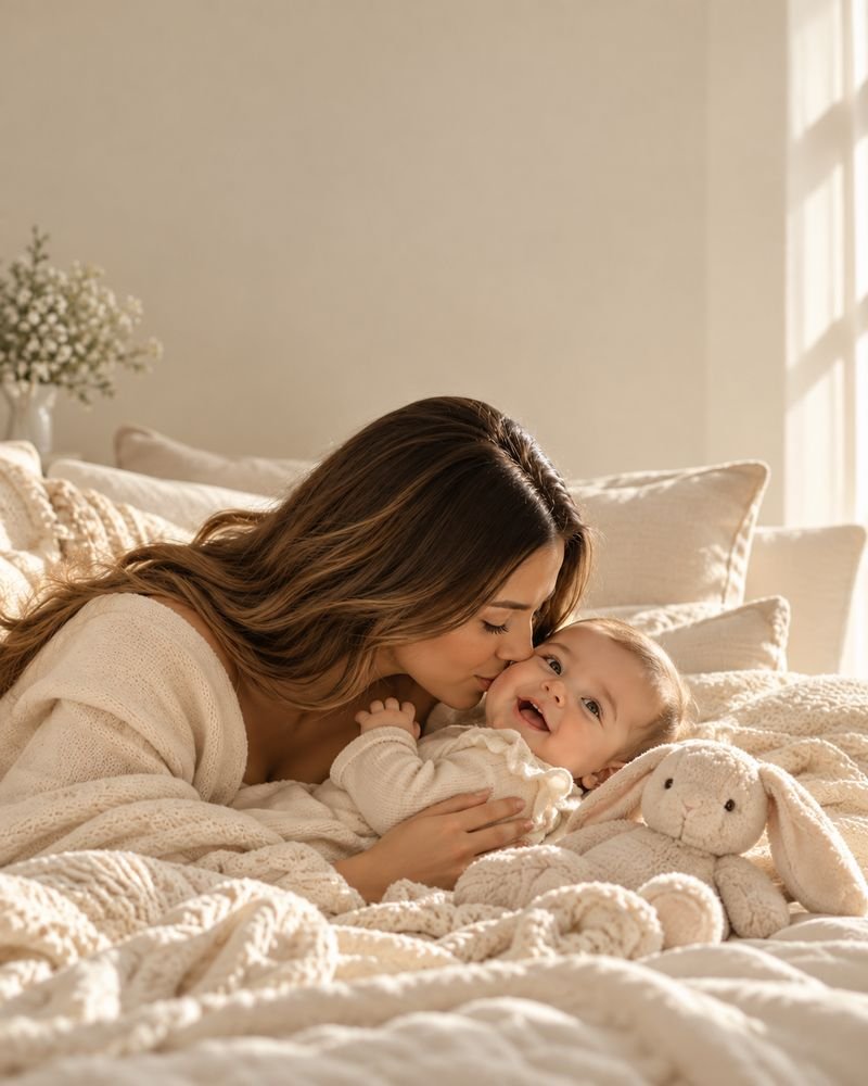 Una mamá besa a su bebé sonriente junto a un peluche de conejo, sobre una cama de tonos crema